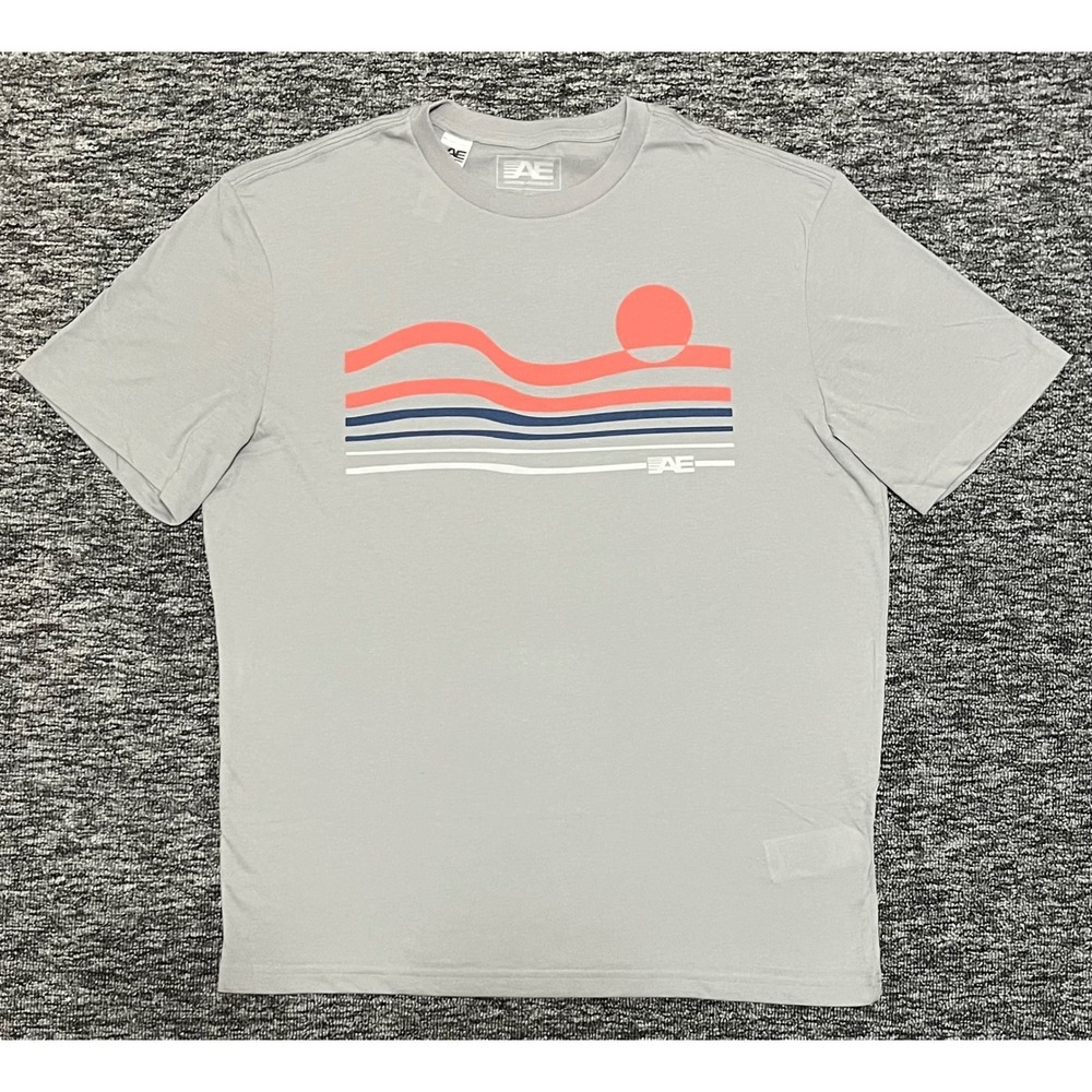 American Eagle Mens Gray Sunset Graphic T-Shirt Medium Retro Wave Short Sleeve M